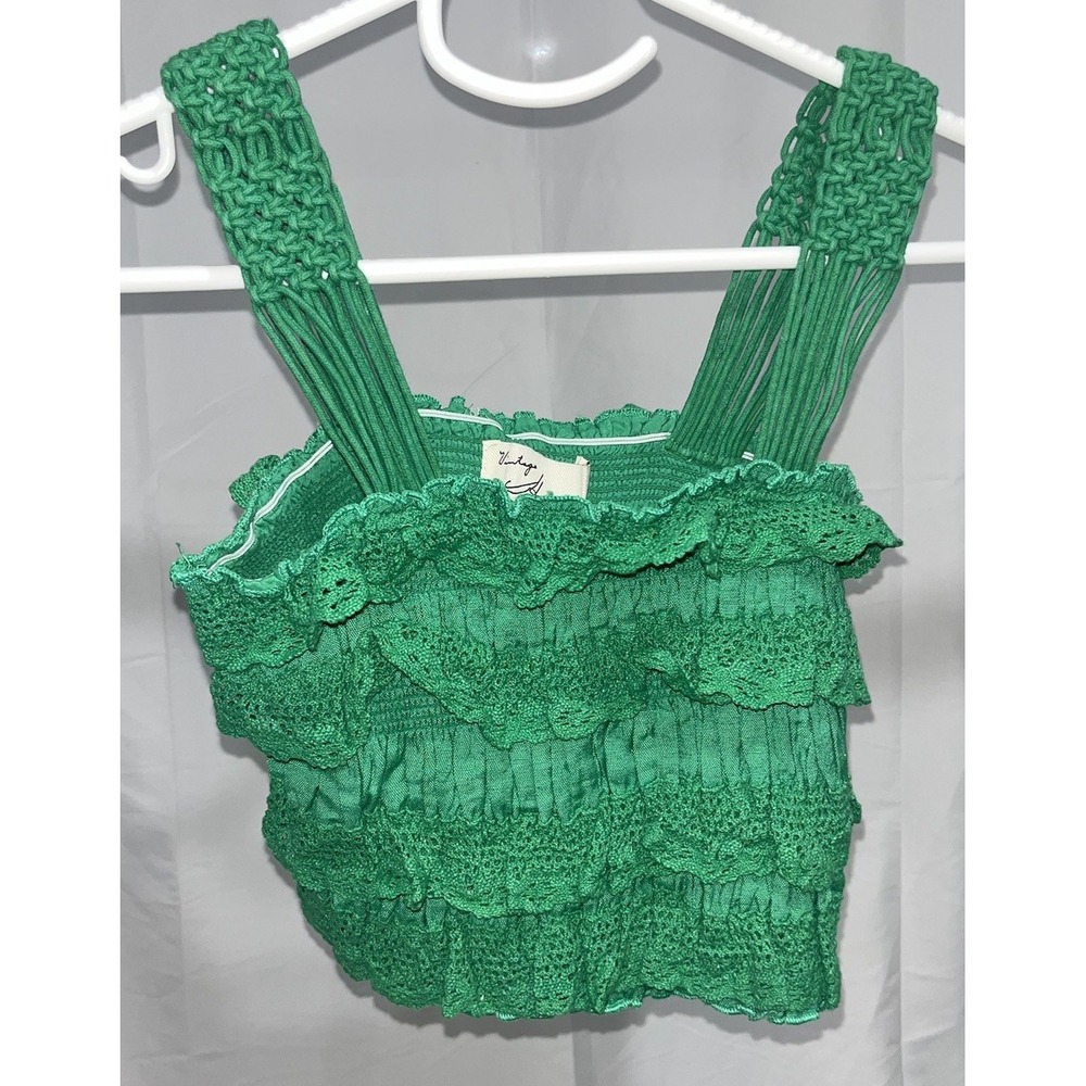 Vintage Havana Green Crochet Tank Top Ruffle Lace Boho Summer Sleeveless Small
